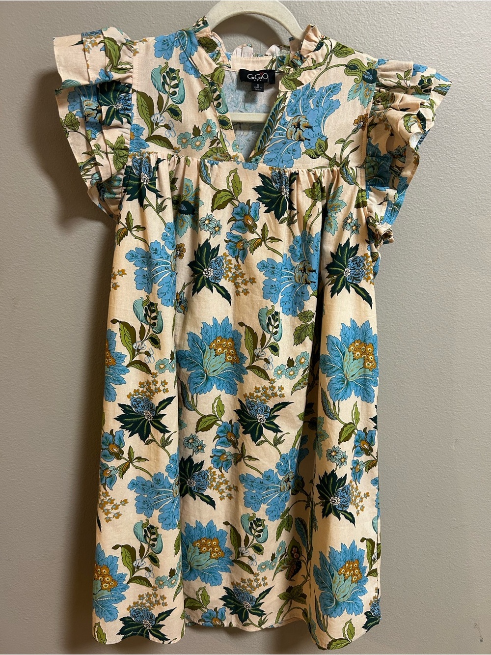 GiGiO USA Floral Babydoll Dress Womens Small Blue Peach Ruffle Sleeve Boho Mini